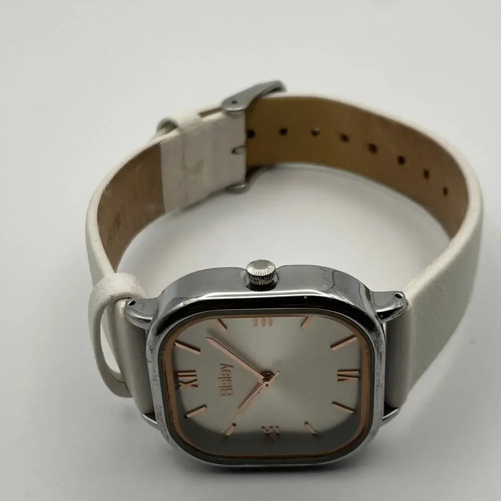 Bisley Elegant Silver Tone Watch White Leather Band New Battery